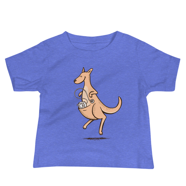 A happy orange kangaroo hops along with her Joey feeding pump and feeding tube sitting in her pouch with a g-tube in the stoma on a heather columbia blue infant t-shirt.