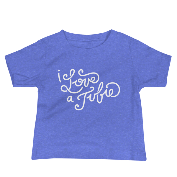 White Hand-drawn script or lettering that says I love a tubie on a  heather columbia blue infant t-shirt for the g-tube or stoma.