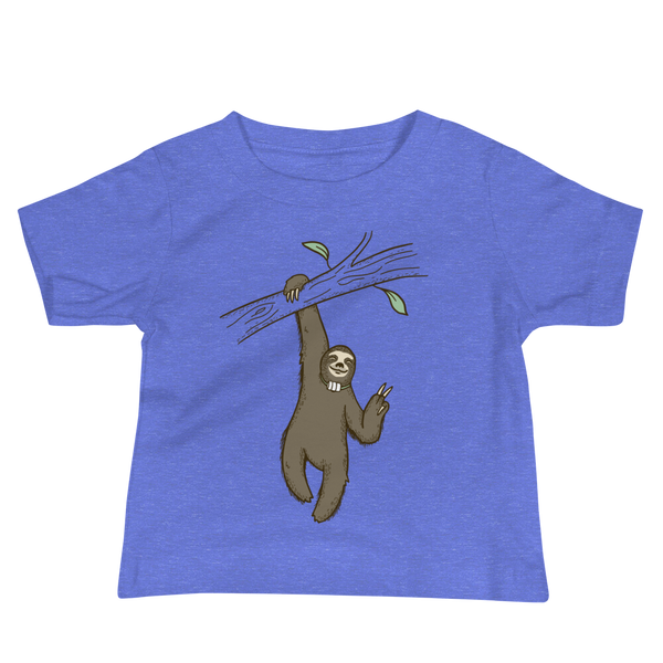 A lazy sloth just hangs from a tree flashing a peace sign with a trach or tracheostomy and an HME for humidification on a heather columbia blue infant t-shirt.