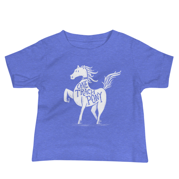 A horse or one trach pony with a trach tracheostomy in the stoma for the StomaStoma trach life on a heather columbia blue infant t-shirt 