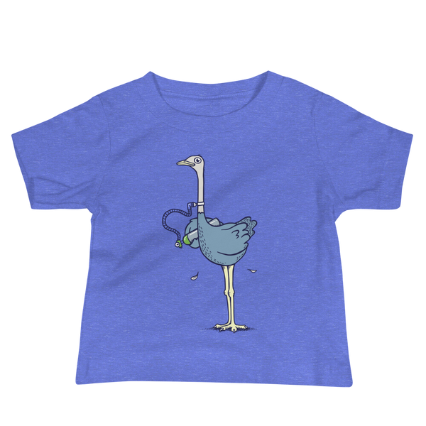 An ostrich or oxtrich that has a trach or tracheostomy in the stoma connected to 02 or and oxygen tank that he is holding on an heather columbia blue infant t-shirt.