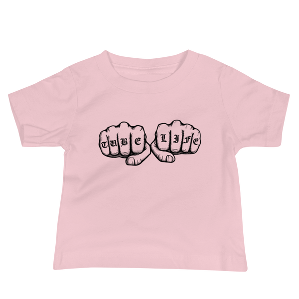 An old English knuckle tattoo that says "tube life" - for living the gtube and trach life with a stoma on a pink infant t-shirt