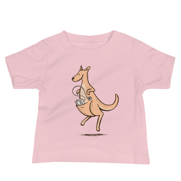 A happy orange kangaroo hops along with her Joey feeding pump and feeding tube sitting in her pouch with a g-tube in the stoma on a pink infant t-shirt.