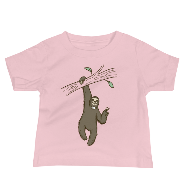 A lazy sloth just hangs from a tree flashing a peace sign with a trach or tracheostomy and an HME for humidification on a pink infant t-shirt.