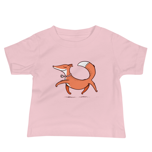 A confident orange and white fox with a trach or tracheostomy and HME for humidification via stoma trots on a pink infant t-shirt.