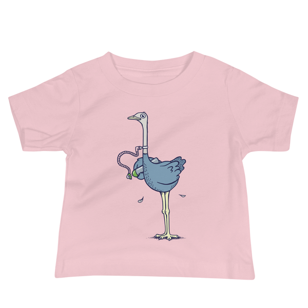 An ostrich or oxtrich that has a trach or tracheostomy in the stoma connected to 02 or and oxygen tank that he is holding on an pink infant t-shirt.