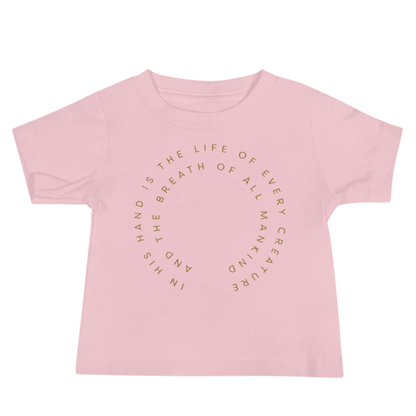 Bible Verse Job 12:10 written in text in a circle for living the tubie and trach life with a stoma by StomaStoma on a pink infant t-shirt.