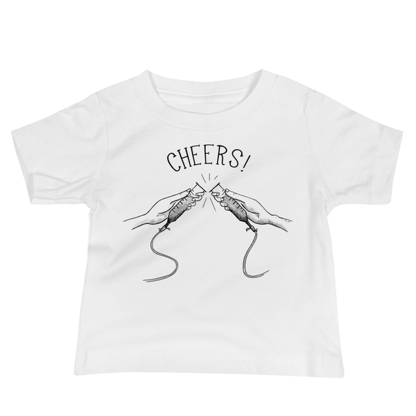 Cheers! Two hands holding feeding tubes for g-tube feeding or peg feeing - cheersing like champagne flutes on a white infant t-shirt.