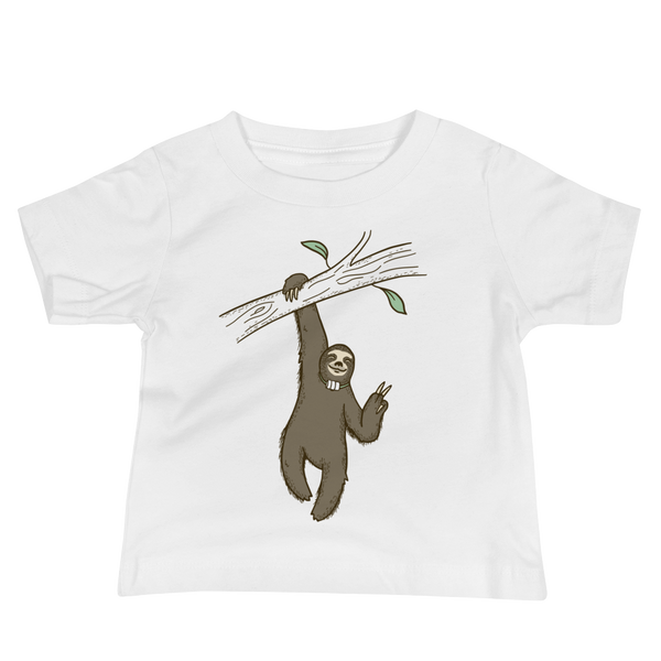A lazy sloth just hangs from a tree flashing a peace sign with a trach or tracheostomy and an HME for humidification on a white infant t-shirt.