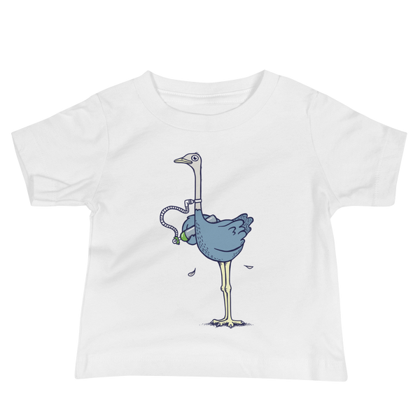 An ostrich or oxtrich that has a trach or tracheostomy in the stoma connected to 02 or and oxygen tank that he is holding on an white infant t-shirt.