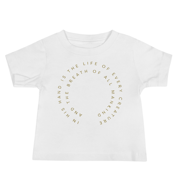Bible Verse Job 12:10 written in text in a circle for living the tubie and trach life with a stoma by StomaStoma on a white infant t-shirt.