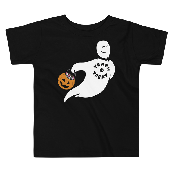a ghost with a trach or tracheostomy that has trach supplies in a pumpkin for halloween on a black kids t-shirt