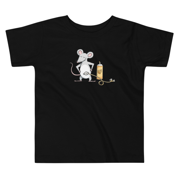 A mouse with a Mic-Key button and a g-tube extension confidently standing in front of a bottle of cheese or whiz with cheese in the g-tube stoma on a black kids t-shirt.