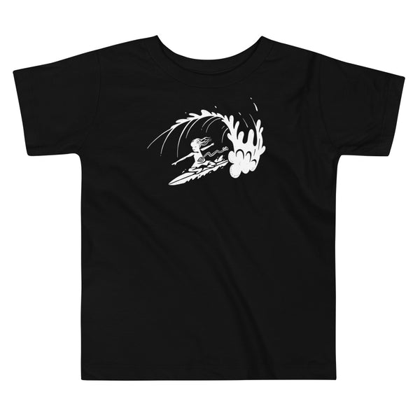 A white block print style illustration of a young kid surfing in a wave, getting tubed or barreled and he has a g-tube flowing from his stomach and stoma as he flies down the line on a black kids t-shirt.