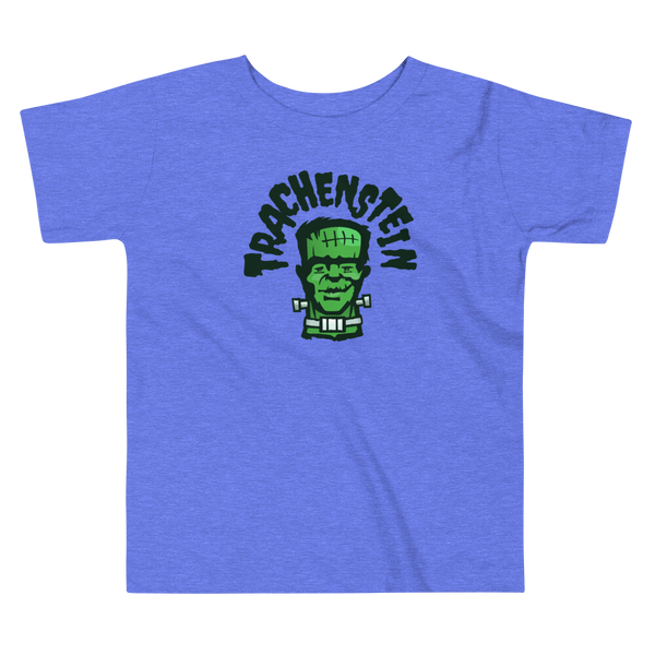 A Frankenstein monster called Trachenstein with an trach or tracheostomy and HME on a heather blue kids t-shirt
