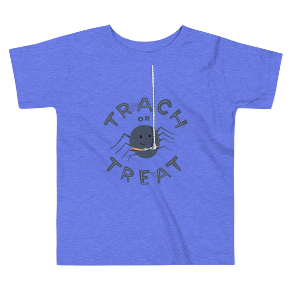 a spider with a trach or tracheostomy and ventilator that say trach or treat for Halloween on a heather blue kids t-shirt
