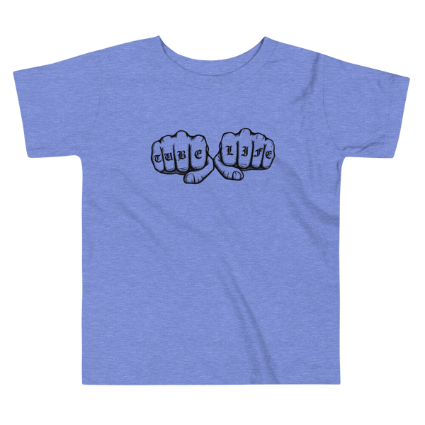 An old English knuckle tattoo that says "tube life" - for living the gtube and trach life with a stoma on a heather columbia blue kids t-shirt.