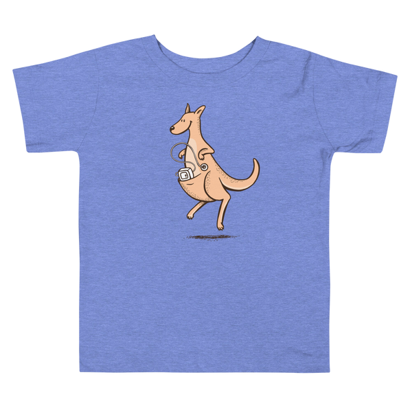 A happy orange kangaroo hops along with her Joey feeding pump and feeding tube sitting in her pouch with a g-tube in the stoma on a heather columbia blue kids t-shirt.