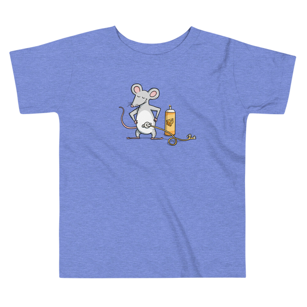 A mouse with a Mic-Key button and a g-tube extension confidently standing in front of a bottle of cheese or whiz with cheese in the g-tube stoma on a heather columbia blue kids t-shirt.