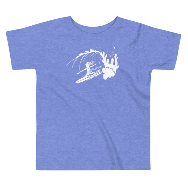 A white block print style illustration of a young kid surfing in a wave, getting tubed or barreled and he has a g-tube flowing from his stomach and stoma as he flies down the line on a heather columbia blue kids t-shirt.