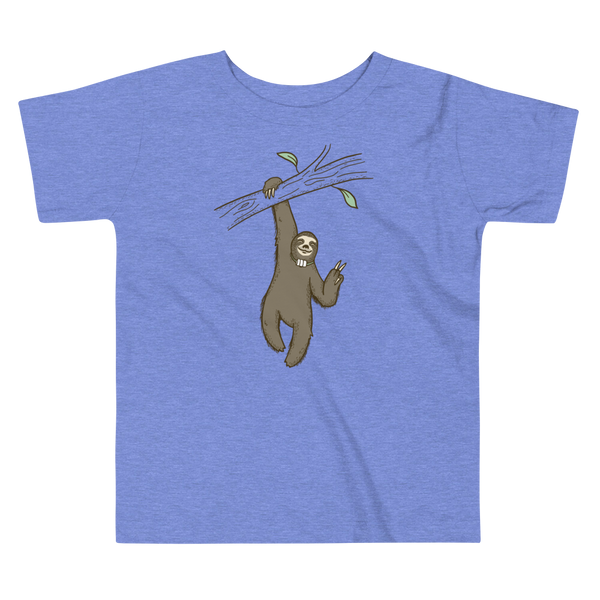 A lazy sloth just hangs from a tree flashing a peace sign with a trach or tracheostomy and an HME for humidification on a heather columbia blue kids t-shirt.