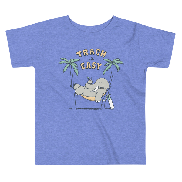 An elephant with a trach or tracheostomy in its stoma and connected to an oxygen tank sits in a hammock between two palm trees with his nose around a drink just trachin’ it easy and relaxing on a heather columbia blue kids t-shirt.