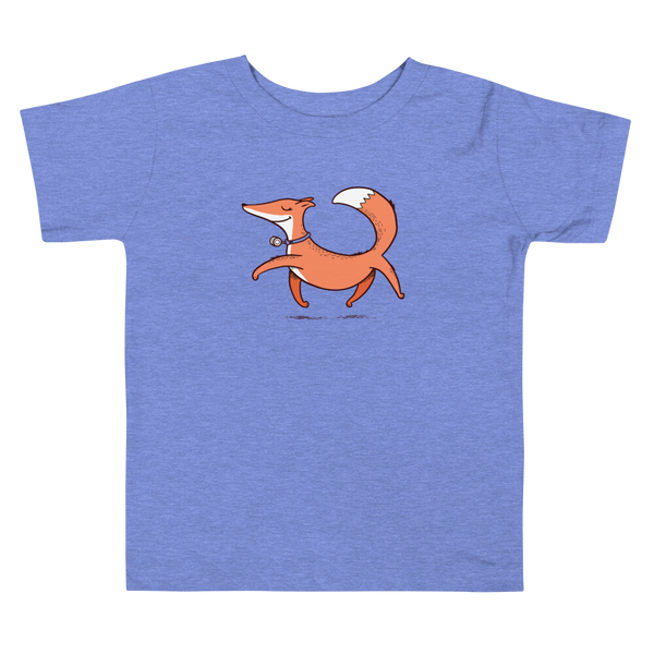 A confident orange and white fox with a trach or tracheostomy and HME for humidification via stoma trots on a heather columbia blue kids t-shirt.
