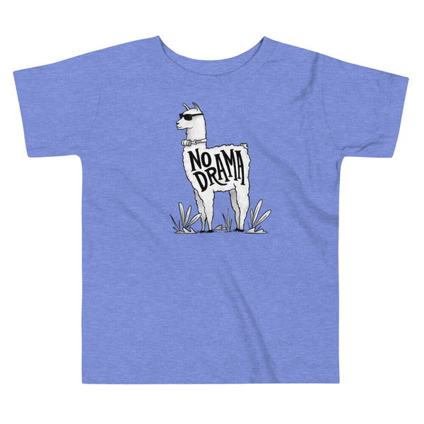 A llama that has a trach or tracheostomy in its stoma with an HME and the text No Drama written on its side. It is wearing sunglasses and is super chill for the stoma life on a heather columbia blue kids t-shirt.