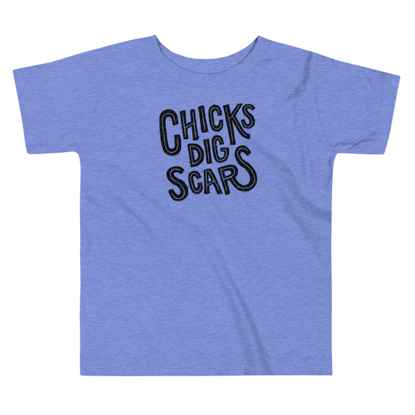 Black textured and distressed hand lettered typography that says chicks dig scars for those with a trach, g-tube or stoma on a kids Heather Columbia Blue  t-shirt
