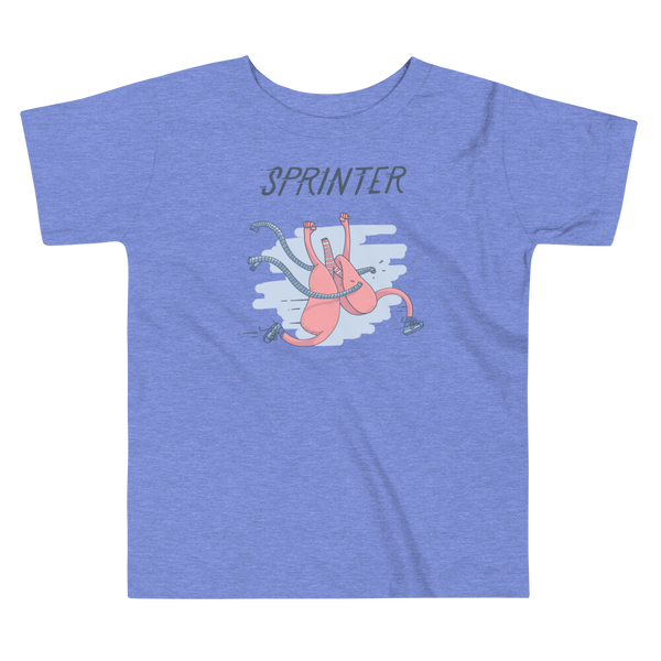  A pair of lungs is running with shoes on an breaking through tubing with the word sprinter above - this is for the trach or tracheostomy on a heather columbia blue kids t-shirt.