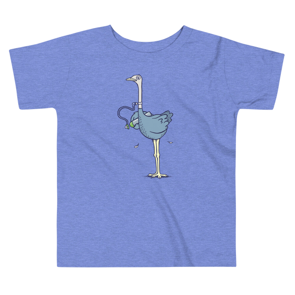 An ostrich or oxtrich that has a trach or tracheostomy in the stoma connected to 02 or and oxygen tank that he is holding on an heather columbia blue kids t-shirt.