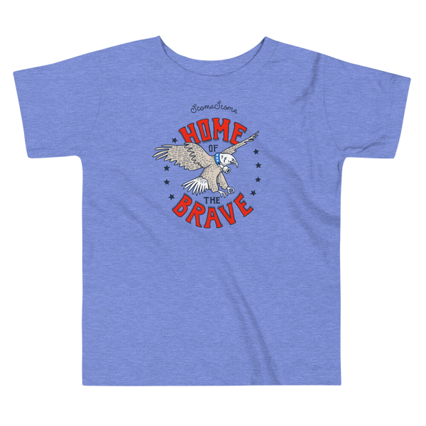 A patriotic American bald eagle with a trach or tracheostomy in his stoma for the 4th of July and the words StomaStoma Home of the Brave and stars on a heather columbia blue kids t-shirt.