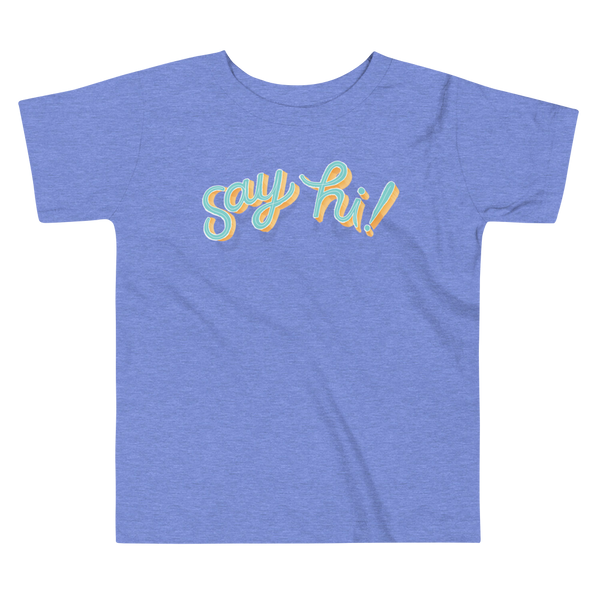 Floating script text "say hi!" on an heather columbia blue kids t-shirt.
