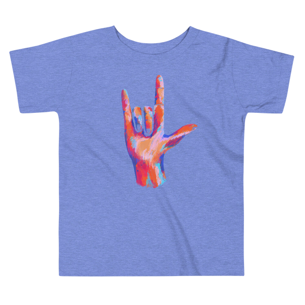 A multicolored and colorful hand signing in ASL I Love You on a heather columbia blue kids t-shirt.