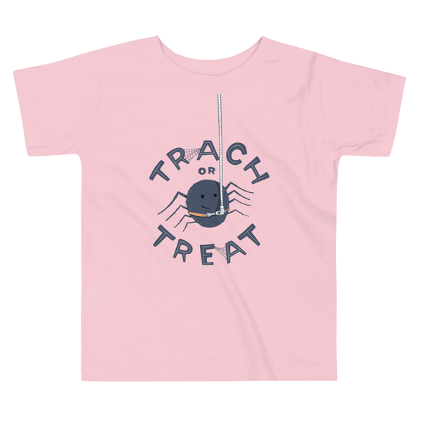 a spider with a trach or tracheostomy and ventilator that say trach or treat for Halloween on a pink kids t-shirt