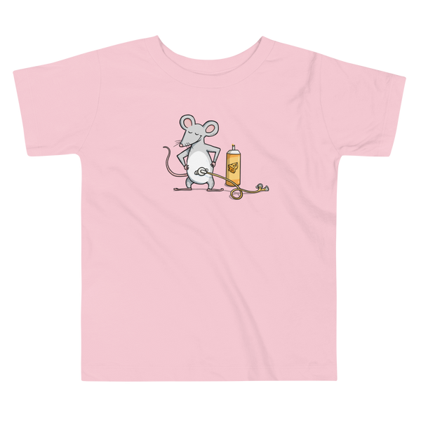 A mouse with a Mic-Key button and a g-tube extension confidently standing in front of a bottle of cheese or whiz with cheese in the g-tube stoma on a pink kids t-shirt.