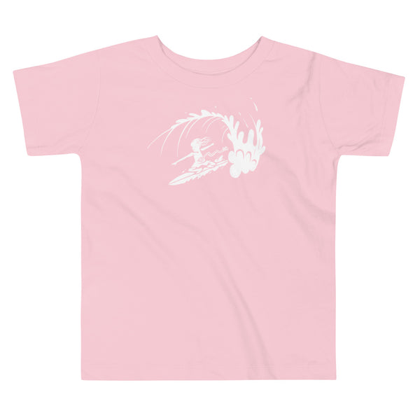 A white block print style illustration of a young kid surfing in a wave, getting tubed or barreled and he has a g-tube flowing from his stomach and stoma as he flies down the line on a pink kids t-shirt.