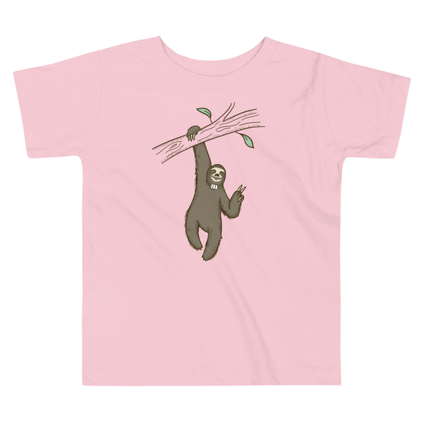 A lazy sloth just hangs from a tree flashing a peace sign with a trach or tracheostomy and an HME for humidification on a pink kids t-shirt.