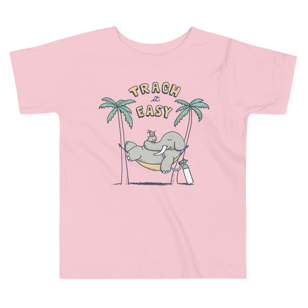 An elephant with a trach or tracheostomy in its stoma and connected to an oxygen tank sits in a hammock between two palm trees with his nose around a drink just trachin’ it easy and relaxing on a pink kids t-shirt.