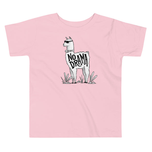 A llama that has a trach or tracheostomy in its stoma with an HME and the text No Drama written on its side. It is wearing sunglasses and is super chill for the stoma life on a pink kids t-shirt.