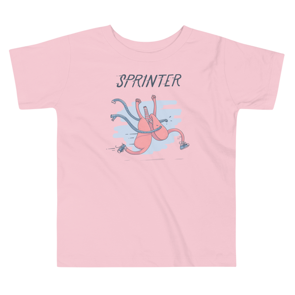 A pair of lungs is running with shoes on an breaking through tubing with the word sprinter above - this is for the trach or tracheostomy on a pink kids t-shirt.