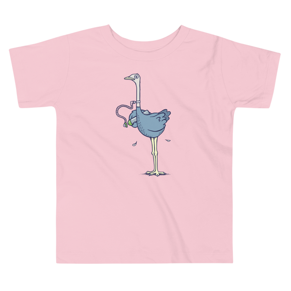 An ostrich or oxtrich that has a trach or tracheostomy in the stoma connected to 02 or and oxygen tank that he is holding on an pink kids t-shirt.