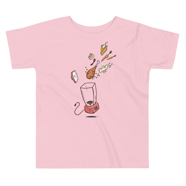 A Thanksgiving dinner getting thrown into a blender - a turkey leg, mashed potatoes, carrots, pumpkin pie and bread on a pink kids t-shirt. A meal for those who are living the g-tube or Tube Life with a stoma.
