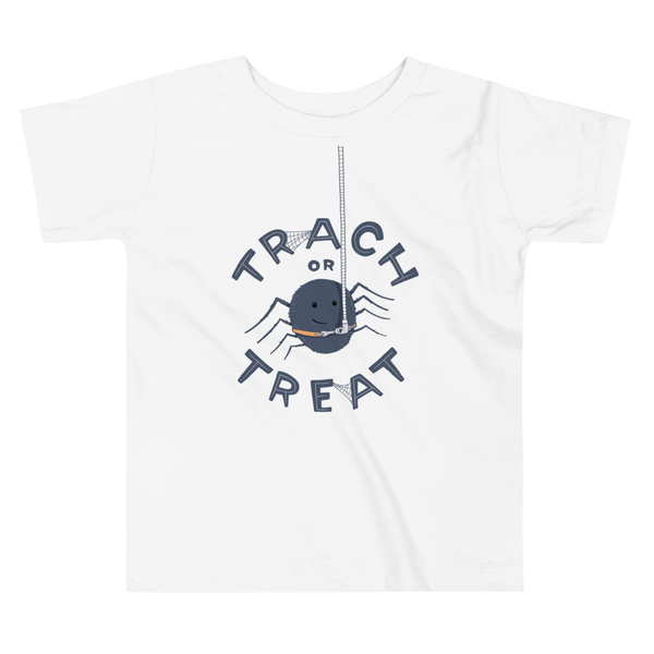 a spider with a trach or tracheostomy and ventilator that say trach or treat for Halloween on a white kids t-shirt