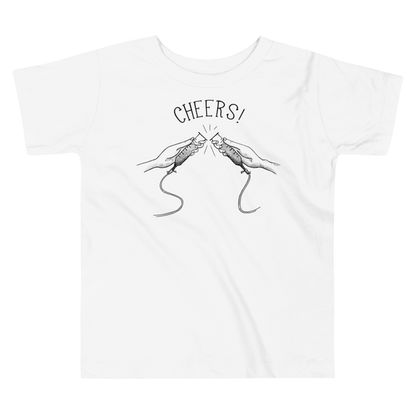 Cheers! Two hands holding feeding tubes for g-tube feeding or peg feeing - cheersing like champagne flutes on a white kids t-shirt