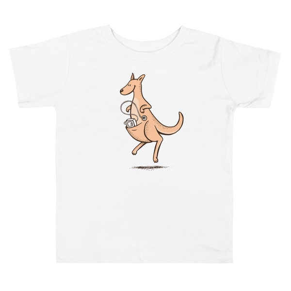 A happy orange kangaroo hops along with her Joey feeding pump and feeding tube sitting in her pouch with a g-tube in the stoma on a white kids t-shirt.