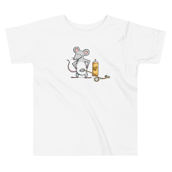 A mouse with a Mic-Key button and a g-tube extension confidently standing in front of a bottle of cheese or whiz with cheese in the g-tube stoma on a white kids t-shirt.