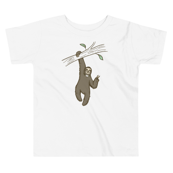 A lazy sloth just hangs from a tree flashing a peace sign with a trach or tracheostomy and an HME for humidification on a white kids t-shirt.