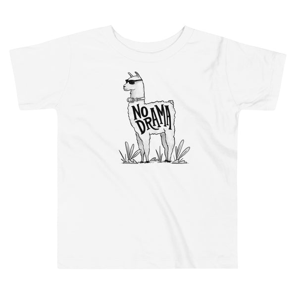 A llama that has a trach or tracheostomy in its stoma with an HME and the text No Drama written on its side. It is wearing sunglasses and is super chill for the stoma life on a white kids t-shirt.