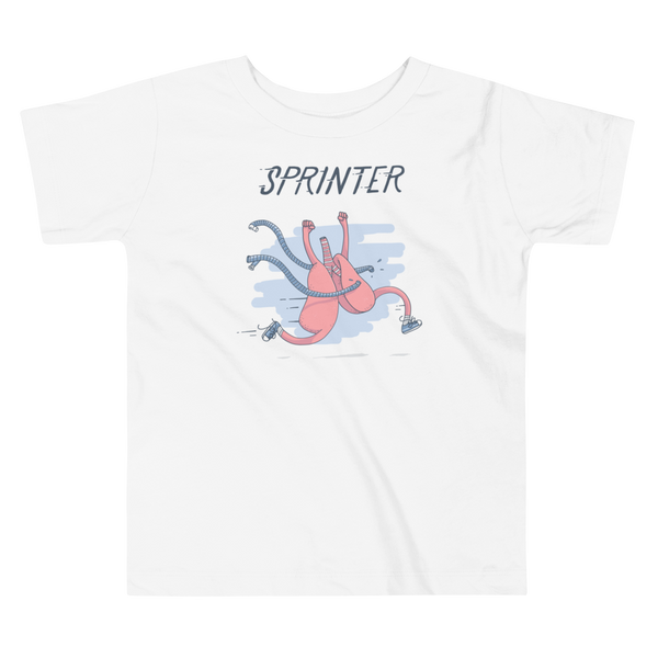 A pair of lungs is running with shoes on an breaking through tubing with the word sprinter above - this is for the trach or tracheostomy on a white kids t-shirt.